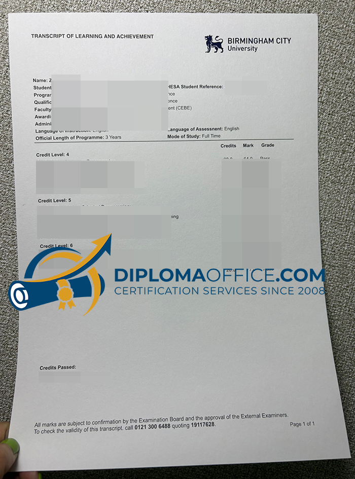 Birmingham City University transcript
