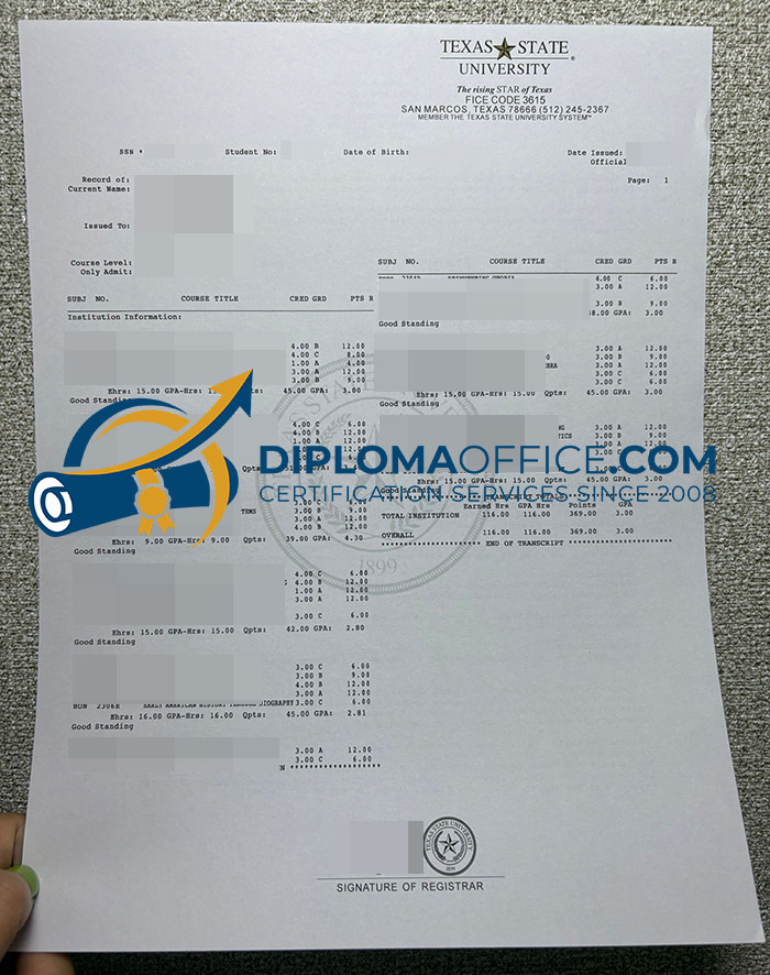 Texas State University transcript
