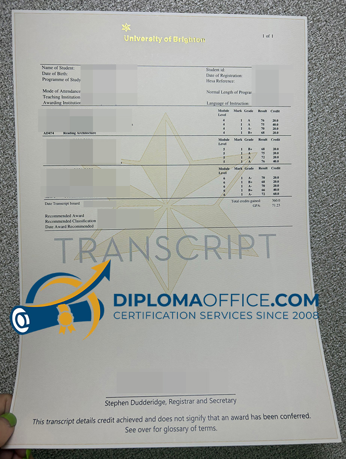 University of Brighton transcript