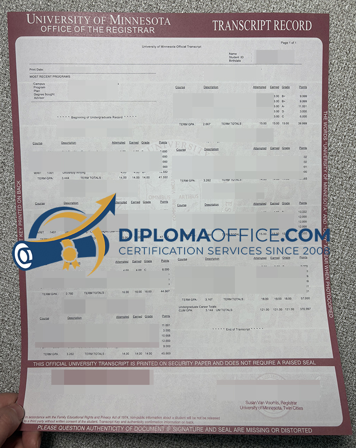 University of Minnesota transcript